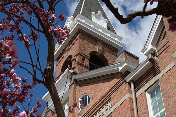 Exterior shot of Old Main looking at the Bell tower.
