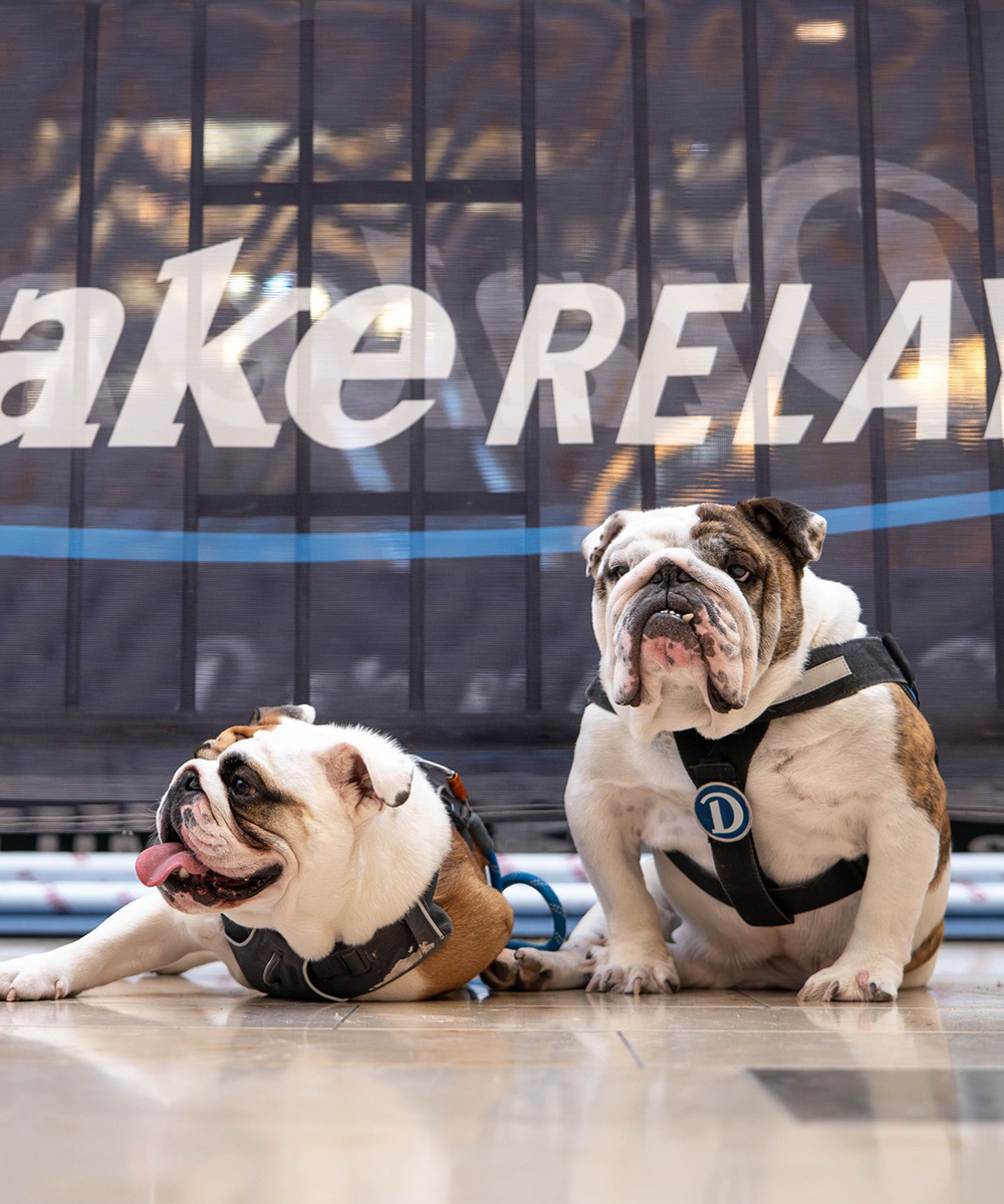 Gus and George sitting on the ground at Pole Vault at Jordan Creek in front of a Drake Relays banner.