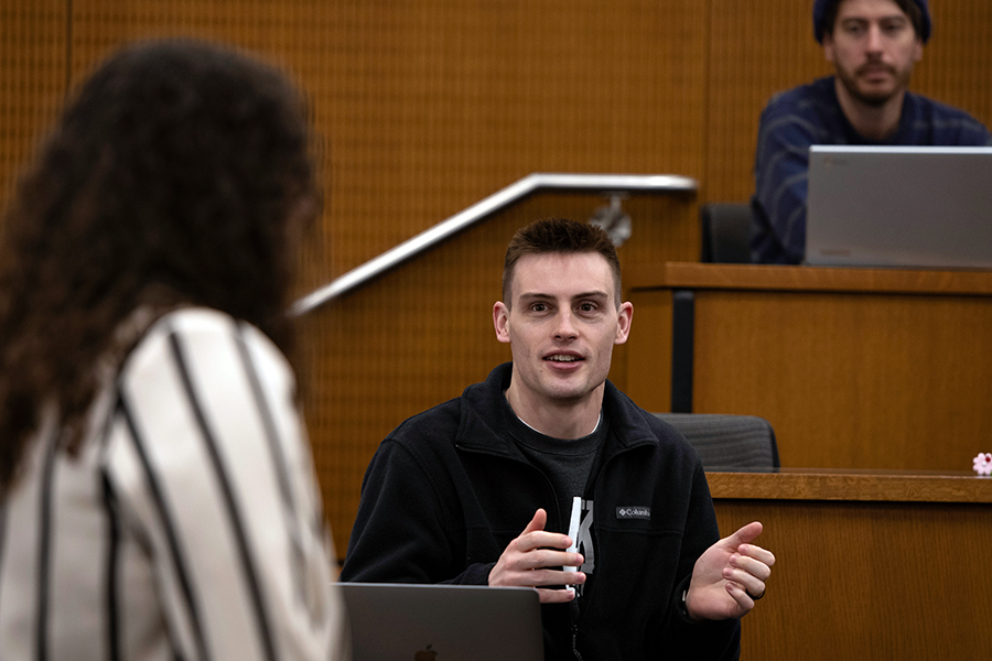 A Drake Business/Law 3+3 practices their defense skills in a courtroom setting
