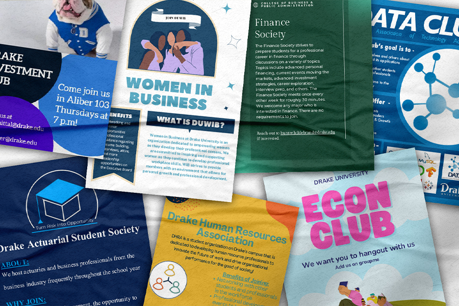 Overlaid fliers for the student organizations that may interest Drake Business/Law 3+3 students