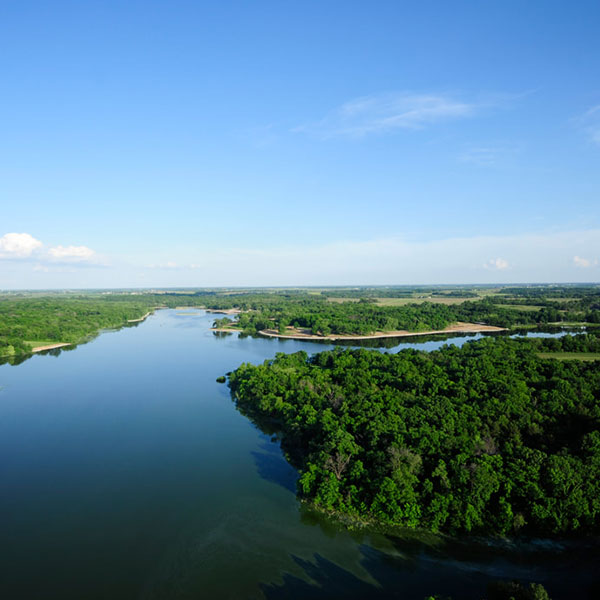 Aerial view of Lake Darling in Brighton, IA