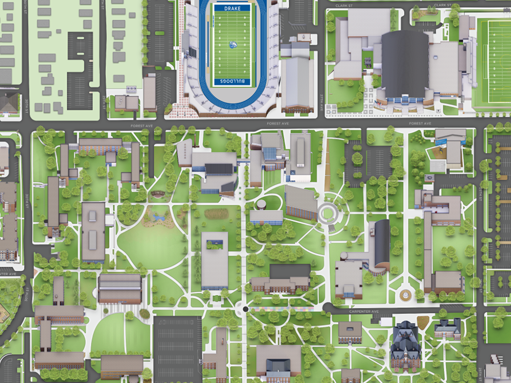Screenshot from the Interactive Campus Map - showing a digital rendering of Drake's campus.